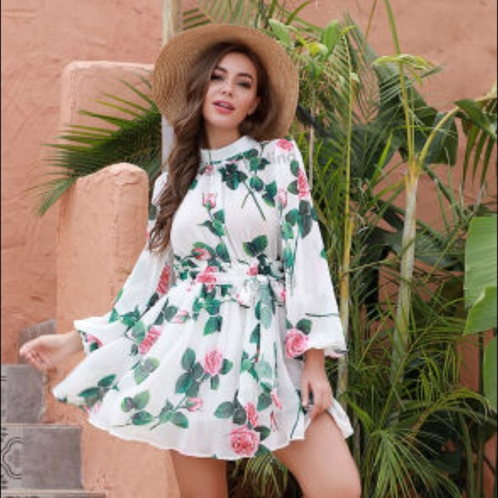 Chiffon Floral Belted Mini Dress